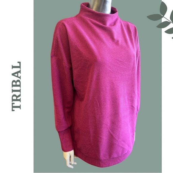 Tribal Pop Over Funnel Neck Long Sleeve Drop Shouler Ribbed Magenta Size Small - Picture 6 of 12